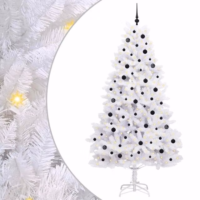 Albero di Natale Artificiale Moderno vidaXL Bianco con Luci LED Warm White e Rami Pieghevoli in PVC e Metallo, Altezza: 240 cm