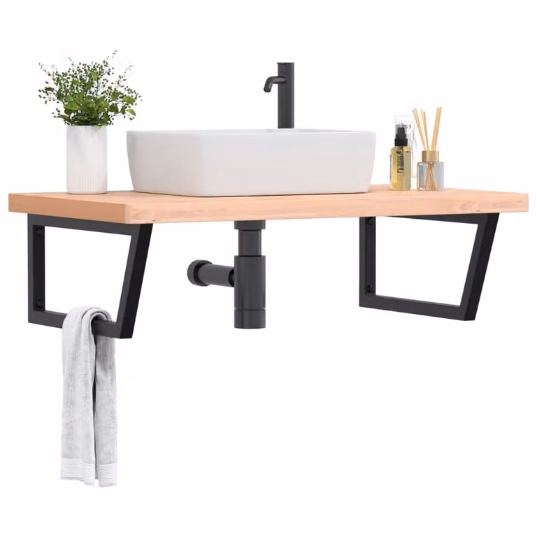 vidaXL Ripiano a Parete per Lavabo Moderno in Metallo e Legno di Faggio, Nero e Marrone, L: 60,0 cm, P: 25,0 cm, H: 3,0 cm