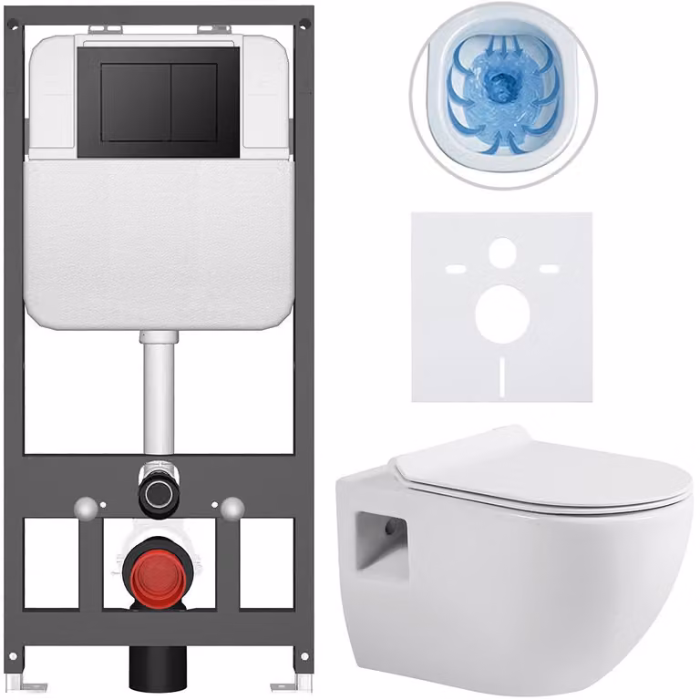 Set completo per WC sospeso Dure, bianco lucido, con pulsante Prime/Maxio nero, dimensioni 51x35 cm, adatto per installazione a parete con pannello di cartongesso