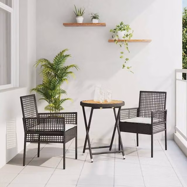 Set Bistro da Giardino 3 Pezzi vidaXL in Polyrattan e Legno di Acacia Nero e Beige – 1