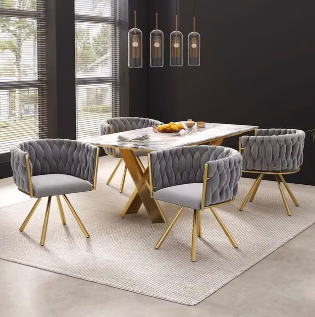 Set di 2 sedie da pranzo girevoli 360° in velluto con struttura in metallo; grigio e oro