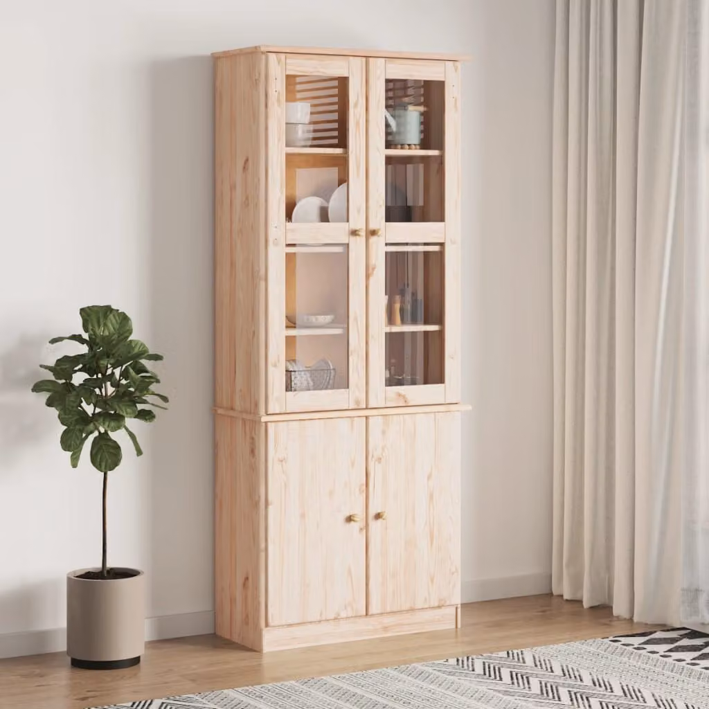 Vetrina vidaXL in legno massello di pino rustico con ante in vetro, colore marrone/beige, L/P/H: 77 x 35 x 186,5 cm
