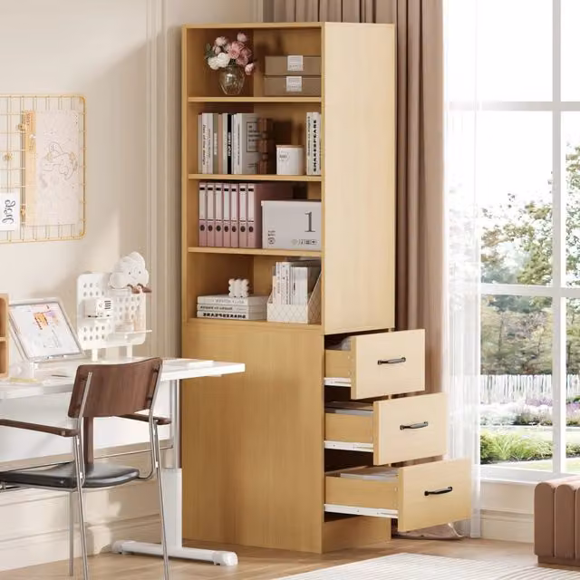 Libreria stretta per piccoli spazi in truciolare; 180 cm; 3 cassetti laterali; ripiani regolabili
