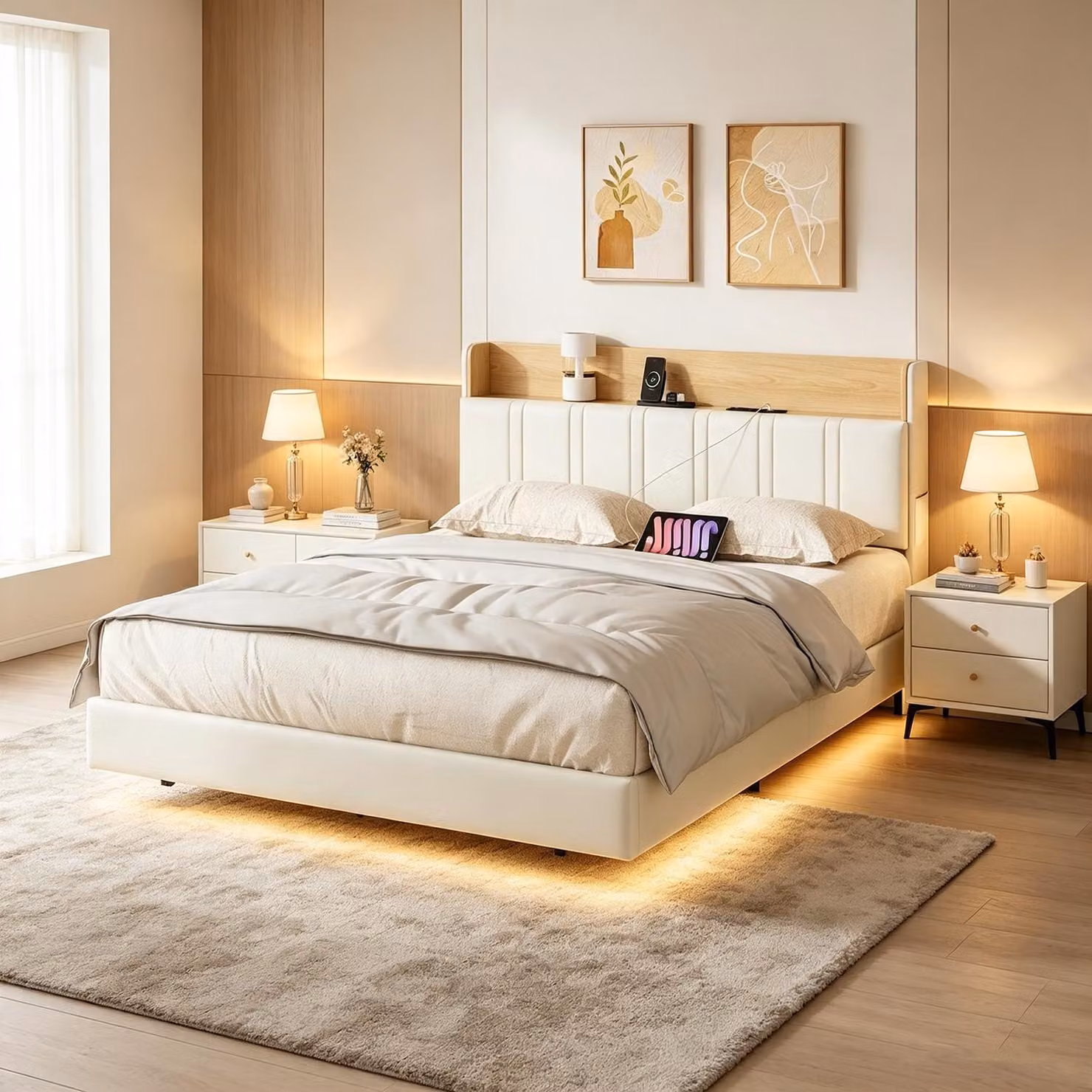 Letto con rete a molle INONEFT, 140x200 cm, con LED e porta USB, letto imbottito con spazio contenitore, letto a due piazze per giovani con testiera, colore bianco, rivestito in PU.
