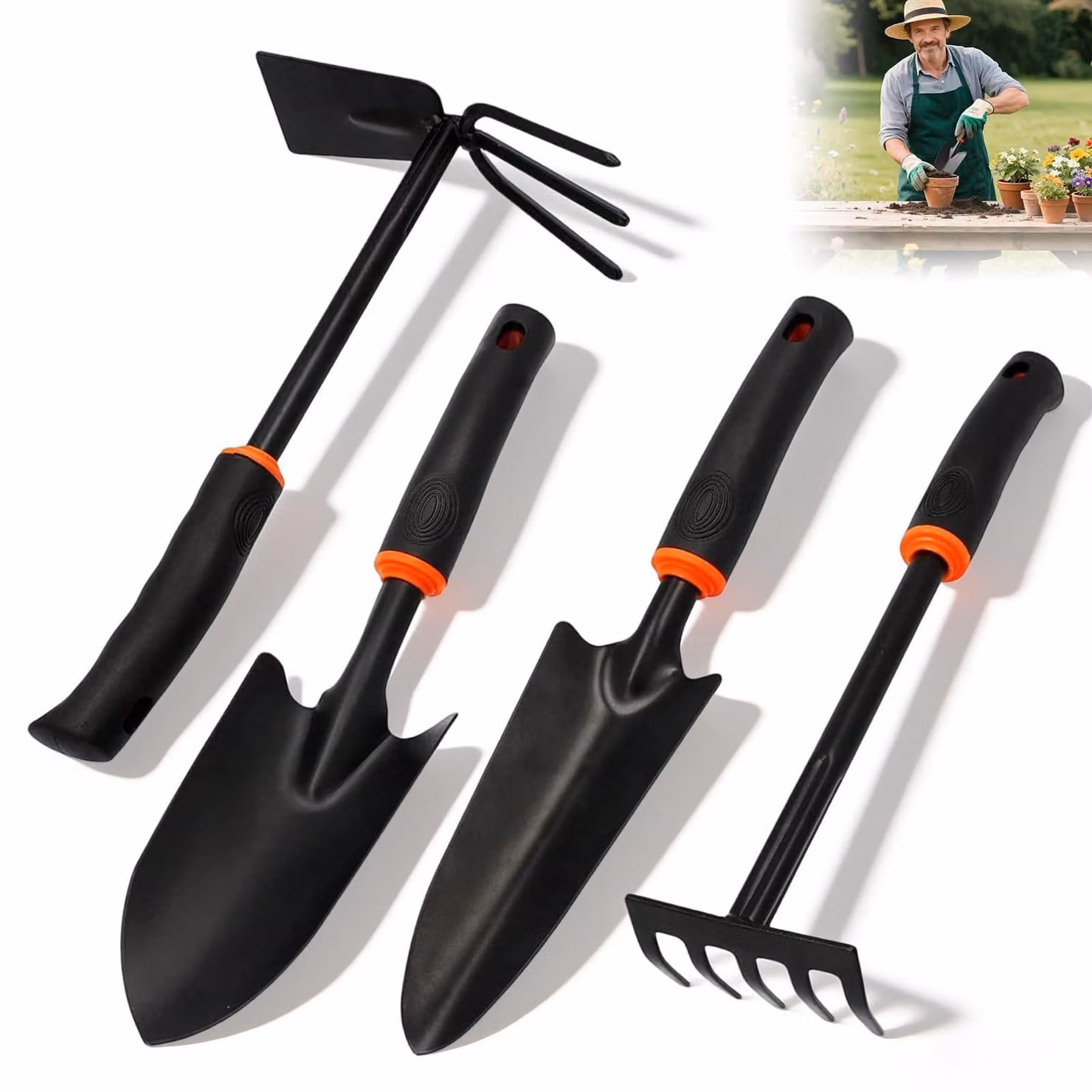 Set di attrezzi da giardino - Acciaio al carbonio - 4 pezzi - Impugnature antiscivolo - Nero