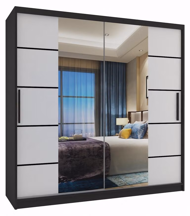 BELINI Verona, armadio scorrevole da 200 cm, nero/bianco opaco - armadio con specchio e 2 cassetti, ideale per la camera da letto