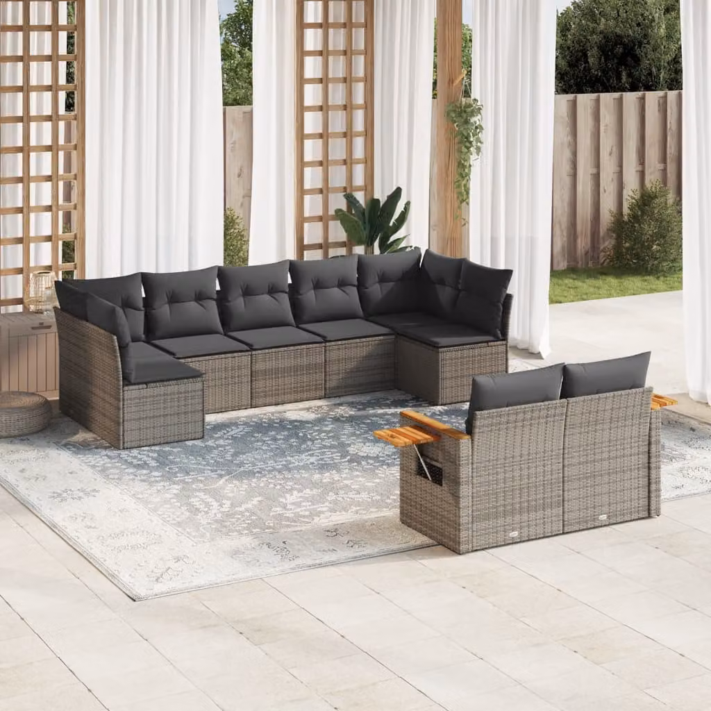 Set Divano da Giardino vidaXL 9 pz in Polyrattan Grigio con Cuscini e Tavolino da Esterno – 1