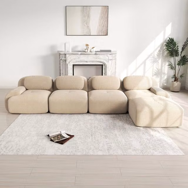 Divano angolare 4 posti con chaise longue ¨C Minimal ¨C Beige velluto imbottito braccioli larghi