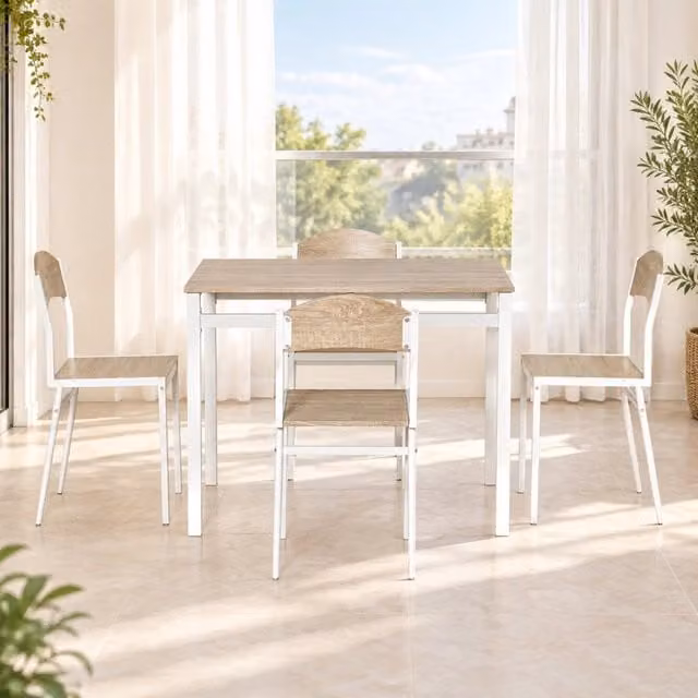 Set da pranzo 5 pezzi con tavolo in MDF effetto legno e struttura in metallo grigio e bianco, 1 tavolo e 4 sedie per sala da pranzo moderna