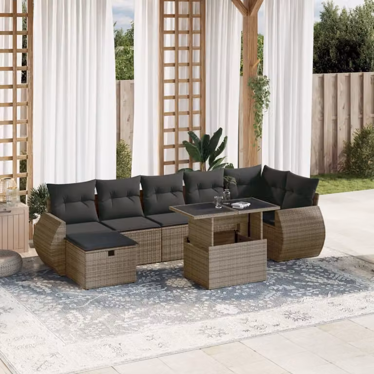 Set Divano da Giardino 8 pz vidaXL in Polyrattan Grigio con Cuscini e Tavolino