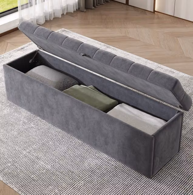 Panca contenitore imbottita 138x41x42 cm in velluto grigio per camera da letto