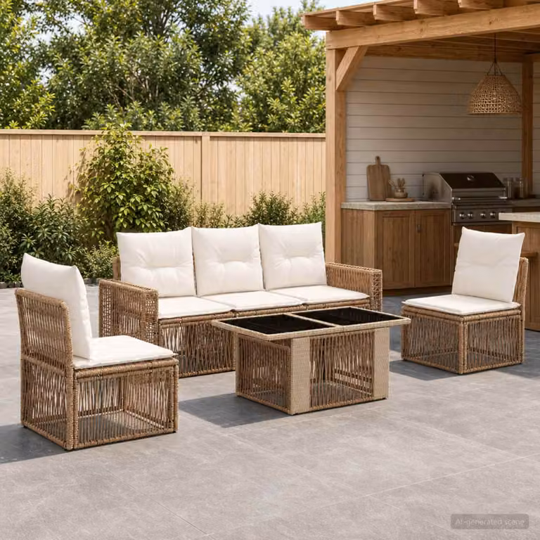 Set Divano da Giardino vidaXL 6 Pezzi in Polyrattan Beige e Bianco Crema con Cuscini e Tavolino da Esterno