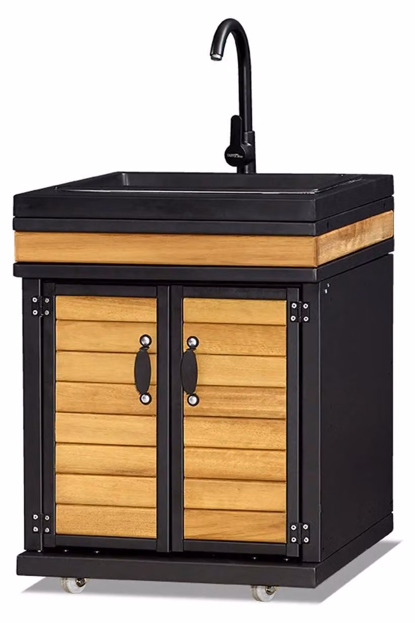 Elegantes schwarzes Außenküchenmodul aus Edelstahl und Holz
