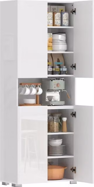 Mobile alto da cucina Xylo con 4 ante e chiusura soft, ripiani regolabili, bianco lucido, L: 68 cm, P: 34 cm, H: 180 cm