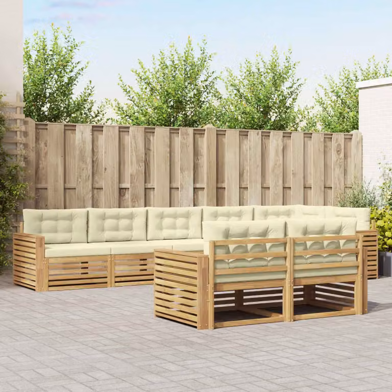 Set di divani da esterno vidaXL a forma di L composto da 8 pezzi in legno di acacia con cuscini in tessuto bianco, beige e marrone