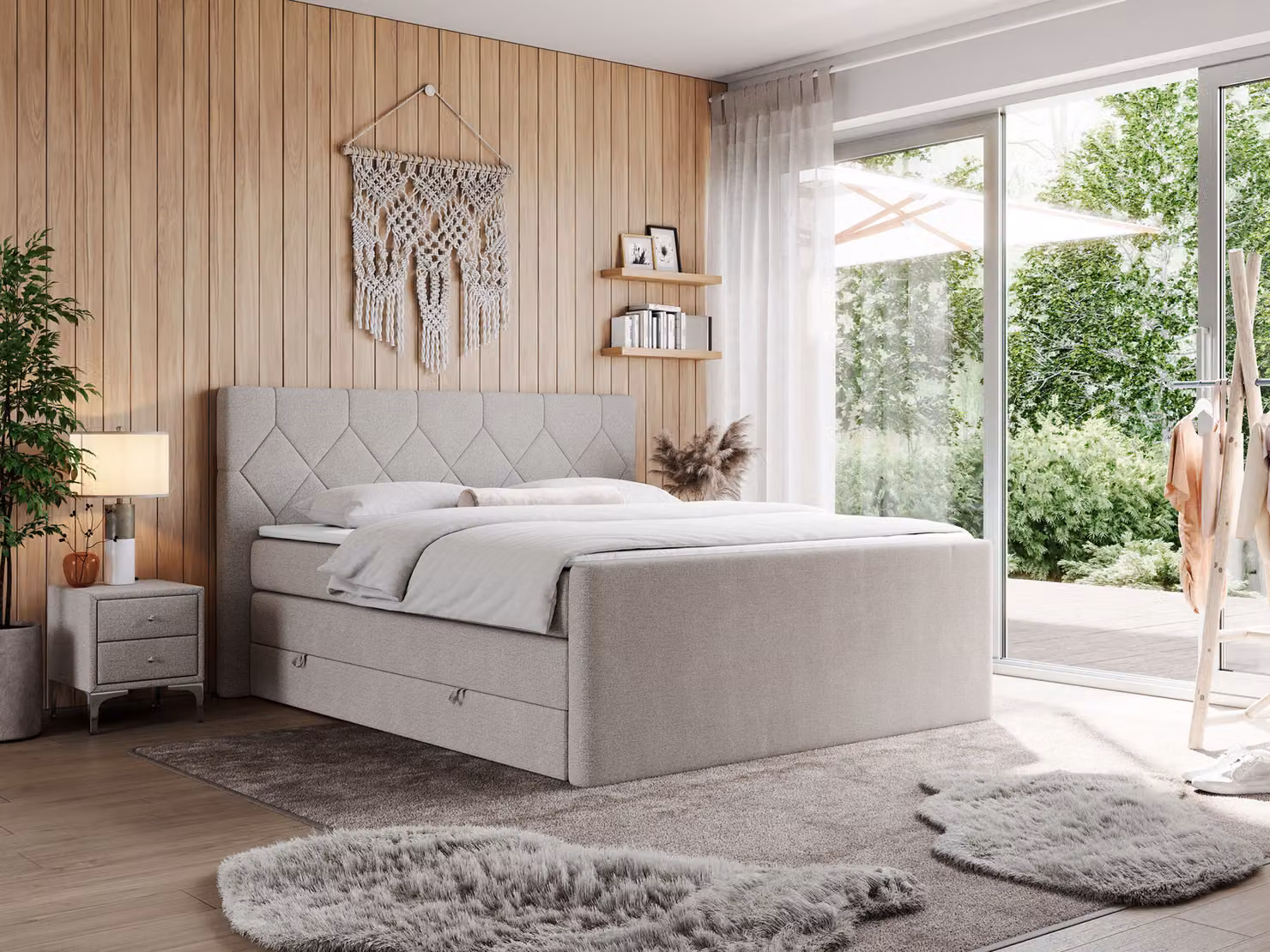 Letto boxspring con materasso matrimoniale, due cassetti portaoggetti, topper, per camera da letto - KING EIGAR - 180x200 cm - Beige - H3