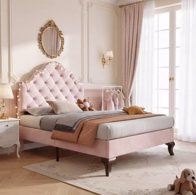 Letto singolo imbottito 90x200 cm con testata regolabile in altezza, rete a doghe in legno, rivestimento in velluto rosa