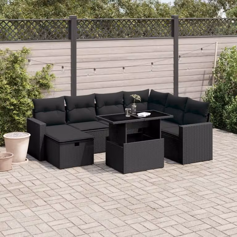 vidaXL Set Divani da Giardino a L con Cuscini 8 pz Nero in Polyrattan e Metallo