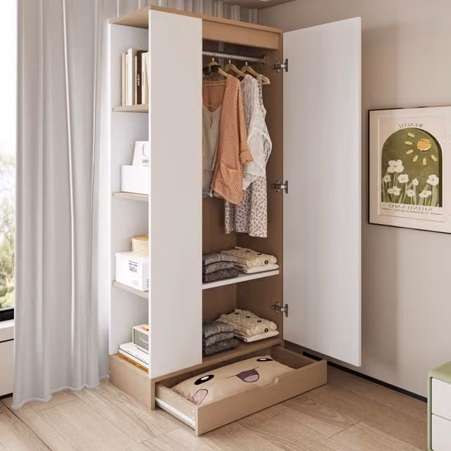 Armadio Guardaroba Bianco e Legno Naturale 70×40×170 cm con 1 Anta; Ripiani e Cassetti Portaoggetti