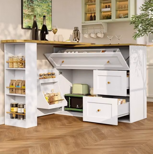Tavolo bar estensibile 138-204x39x105 cm bianco in MDF, con vano portaoggetti