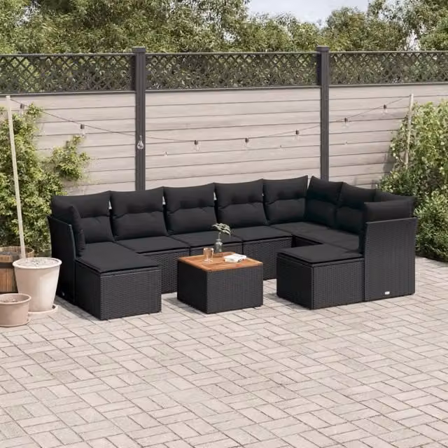Set Divani da Giardino 10pz con Cuscini in Polyrattan Nero 3223962