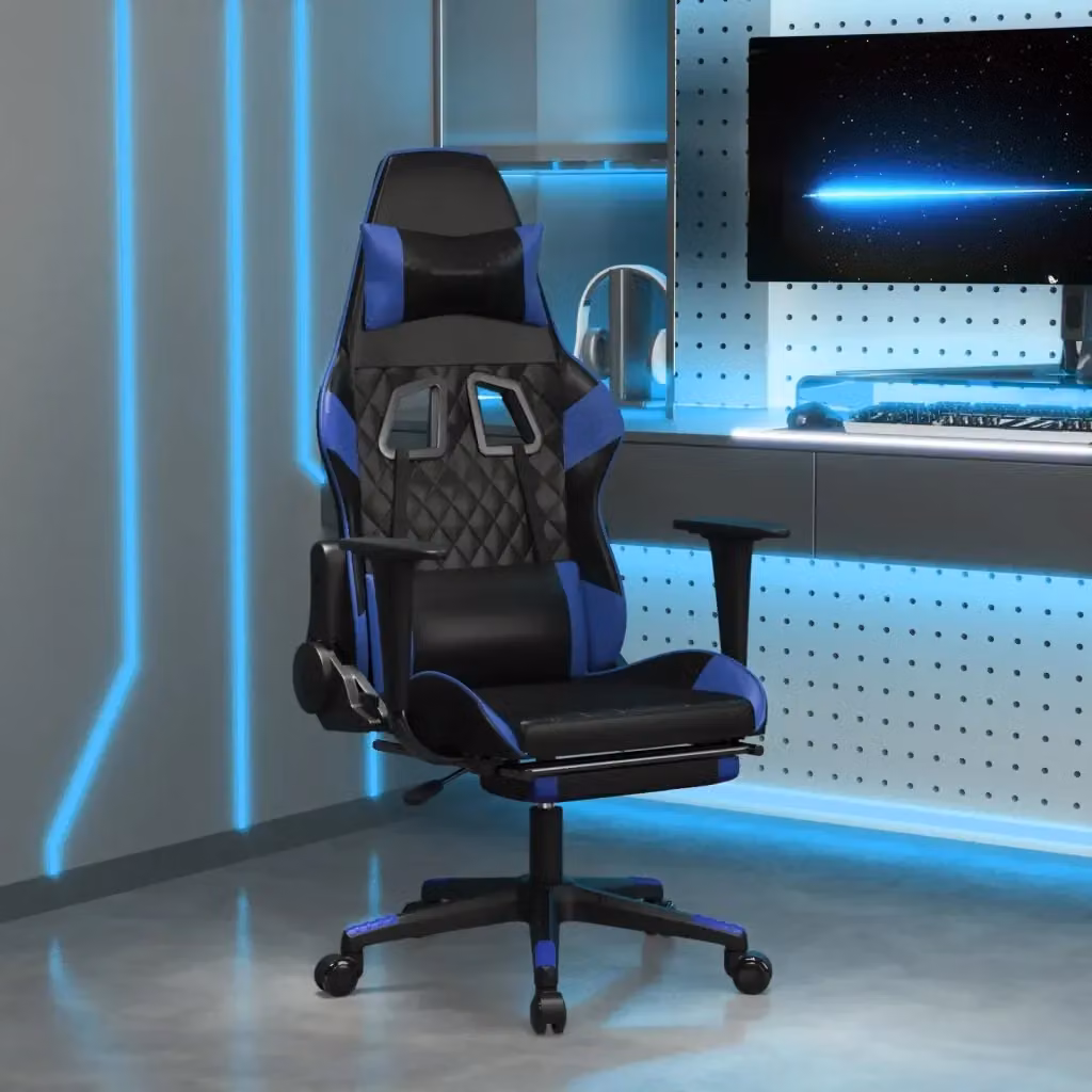 Sedia da Gaming Multicolore Nero e Blu in Similpelle con Poggiapiedi e Braccioli – 2