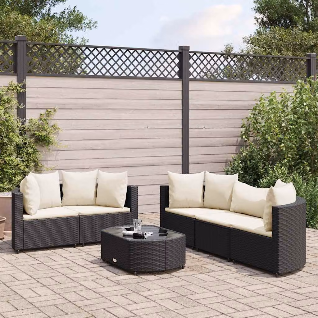 vidaXL Set Divano da Giardino a L 6 pz con Cuscini e Tavolino Nero in Polyrattan e Acciaio – 1