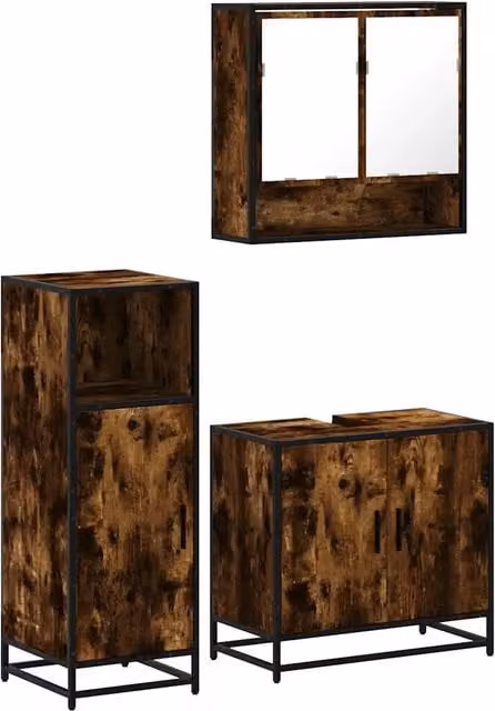 Set Mobili da Bagno Industrial in Legno e Metallo Marrone con Armadietto Specchiato e Mobile Lavabo