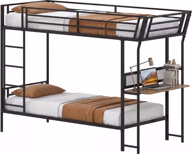Letto a castello con scrivania struttura in metallo con sponde di sicurezza e scala incluse, Letto loft con postazione di lavoro in legno
