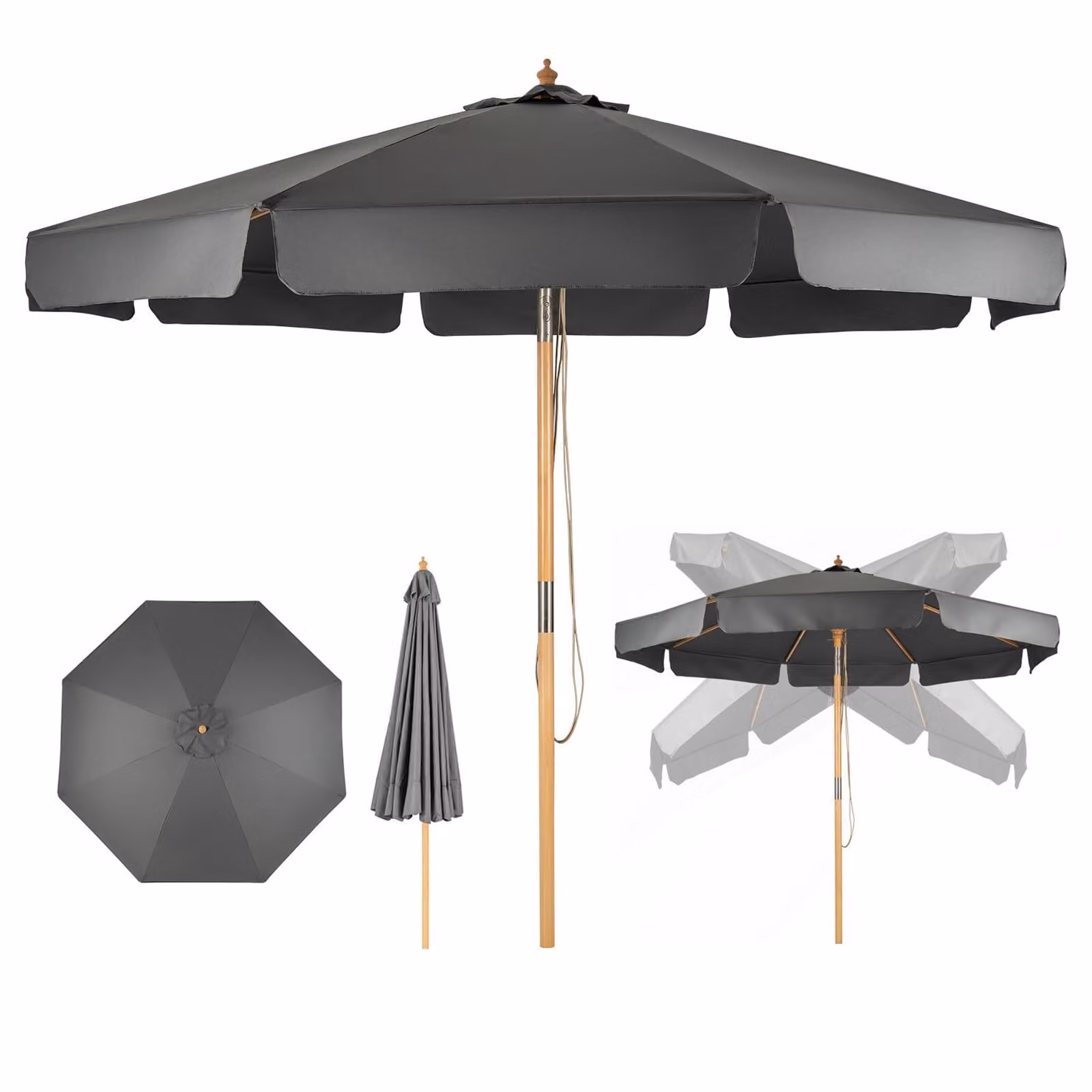 Ombrellone da 300 cm, ombrellone da giardino e da spiaggia pieghevole, ombrellone da terrazza con cordicella, base per ombrellone e 8 stecche in legno, ombrellone da mercato con presa d'aria, protezione UV (nero)