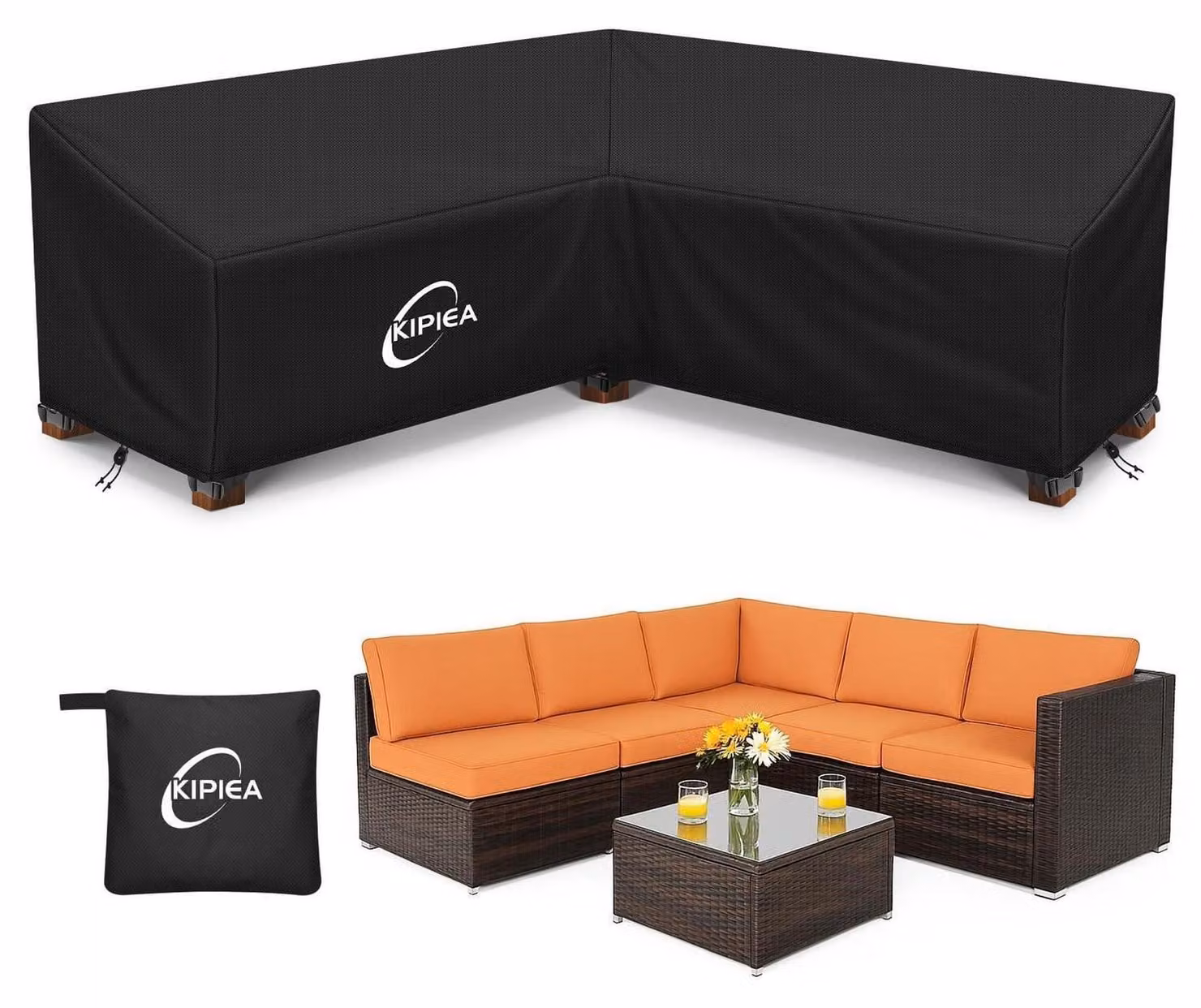 Copertura per mobili da esterno a forma di L, realizzata in tessuto Oxford 420D, impermeabile, resistente al vento e ai raggi UV. Dimensioni: 226x226x85x78 cm