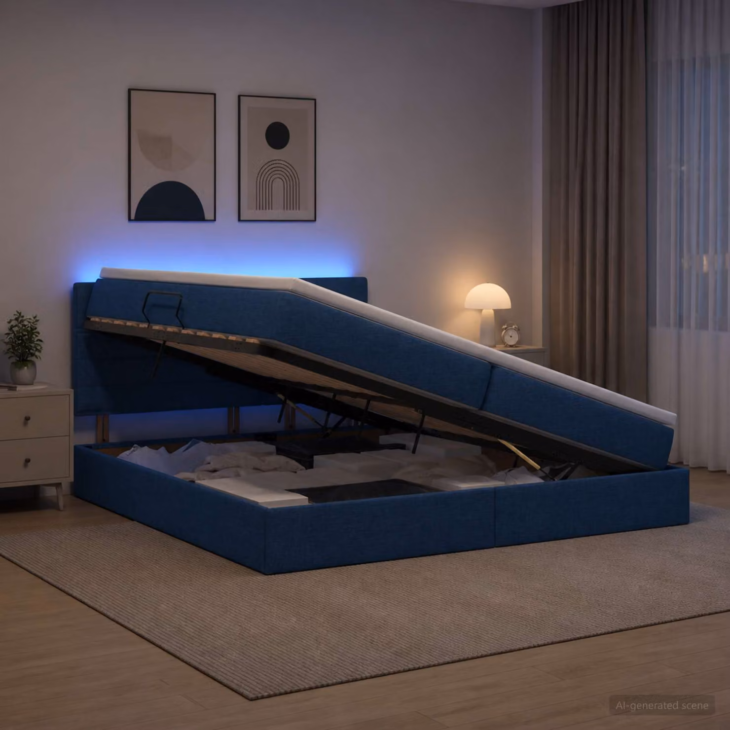 Letto con contenitore e materasso con illuminazione LED vidaXL, Blu, L/P/H: 200 x 200 x 38 cm