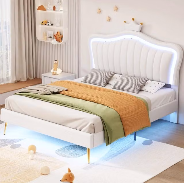 Letto per bambini 140x200 cm con luci LED; imbottito in PU; bianco (Senza materasso)