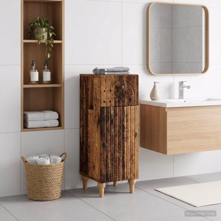 Mobiletto da Bagno vidaXL ALKMAAR in Legno Antico Marrone e Nero con Ante a Battente e Ripiani Interni L: 30 cm, P: 31 cm, H: 80 cm
