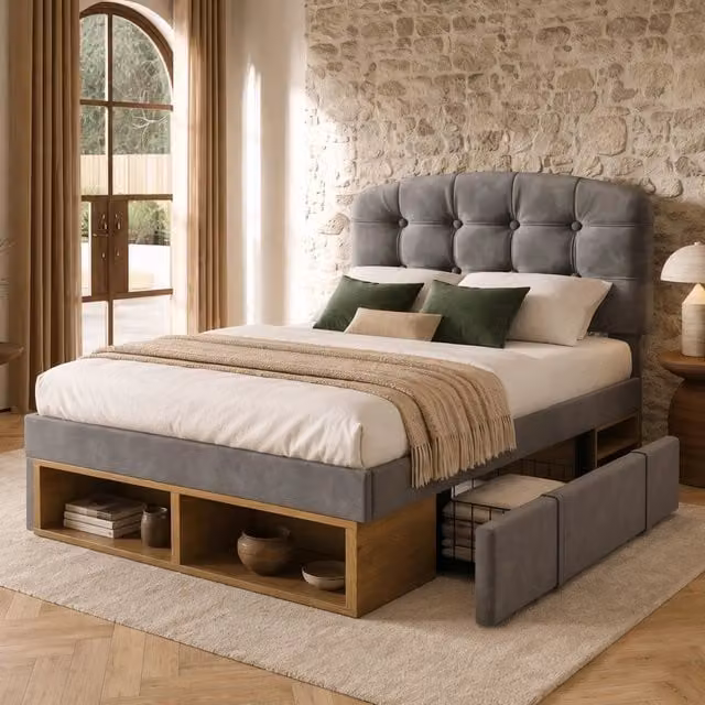 Letto singolo in velluto grigio 90x200 testiera curva regolabile cassetti doghe