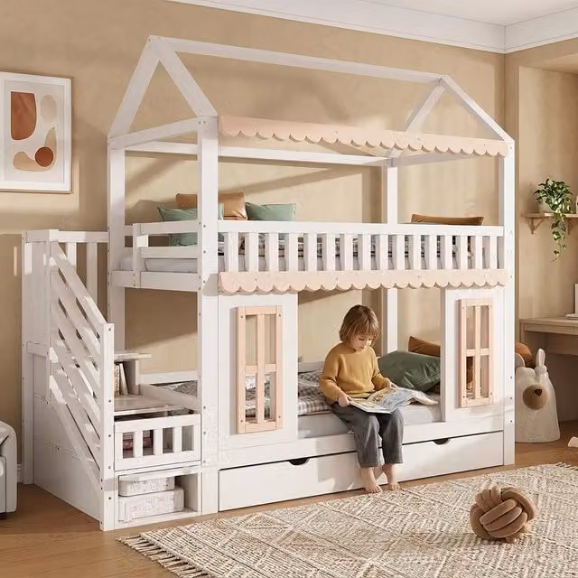 Letto a castello per bambini ¨C Minimal ¨C bianco legno di pino 90x200cm con 2 cassetti