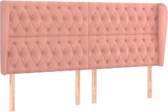 Testiera ad orecchio in velluto rosa con struttura in legno e MDF L: 203 cm, P: 23 cm, H: 118/128 cm