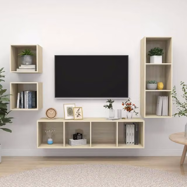 Set di mobili TV moderno vidaXL in legno multistrato color rovere beige, sospeso a parete