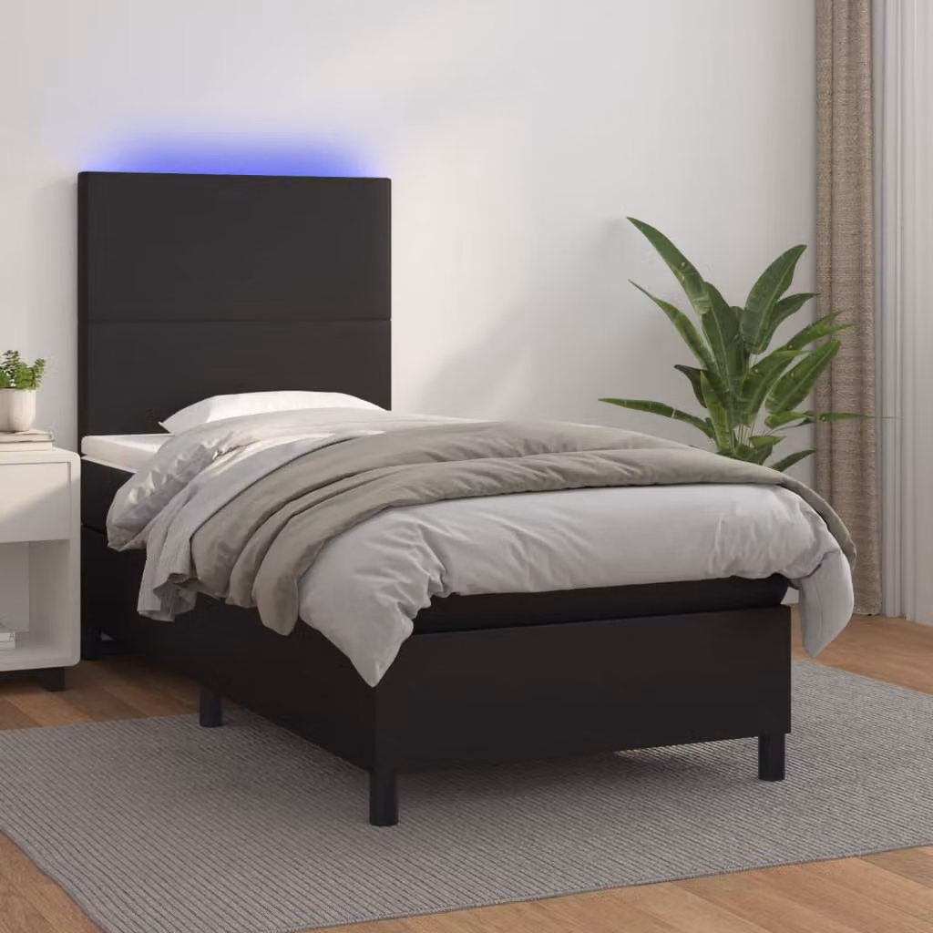 vidaXL Giroletto a Molle con Materasso e LED Nero in Similpelle, L/P/H: 90 x 190 cm – 1
