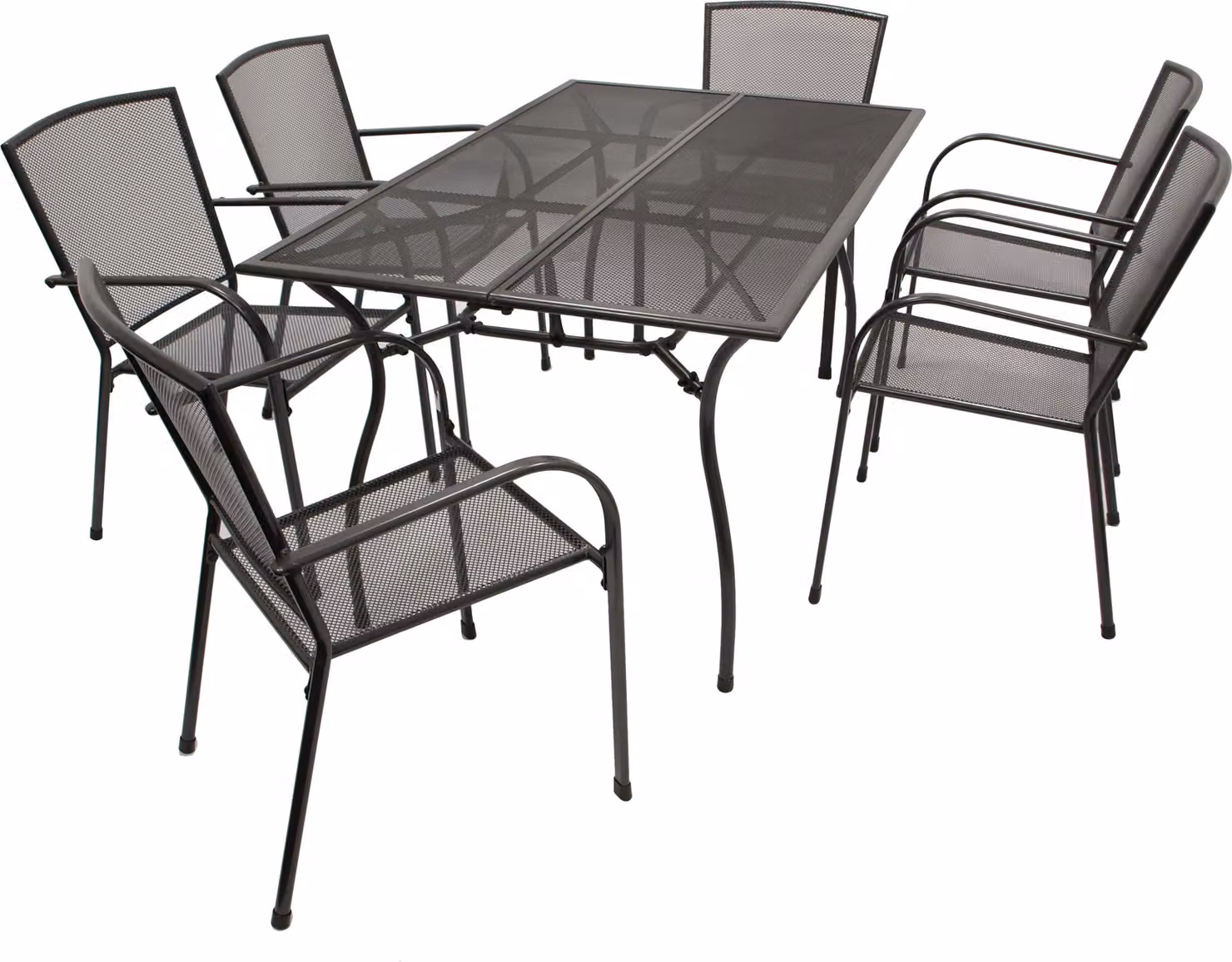 Set da giardino DEGAMO CLASSIC, 7 pezzi, in lamiera stirata antracite (6 poltrone impilabili + 1 tavolo 90x150 cm)