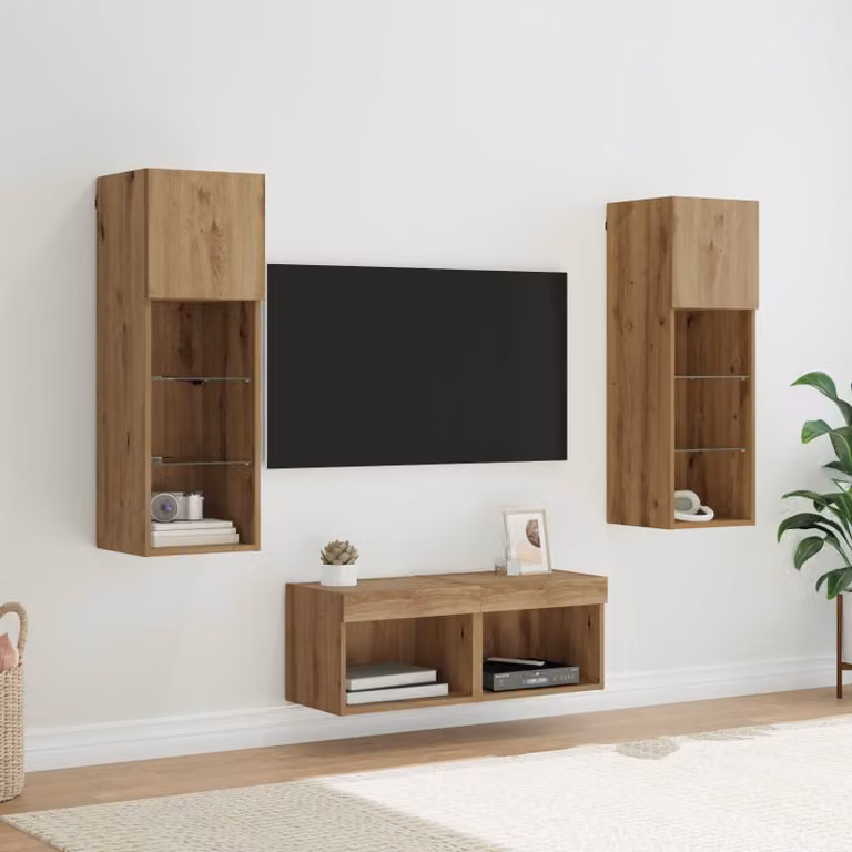 Set di 4 Mobiletti TV da Parete Moderni vidaXL in Legno e Vetro, Colore Rovere e Nero, L/P/H: 40 x 30 x 30 cm