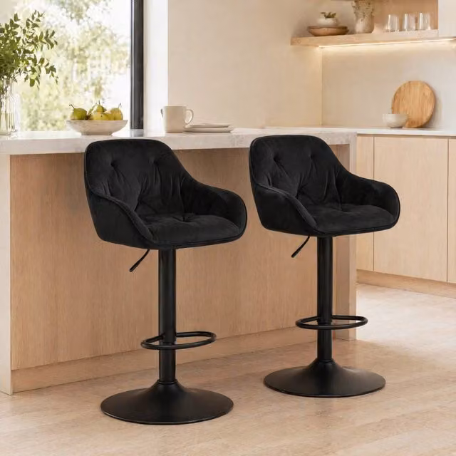 Set di 2 Sedie da Pranzo con Schienale in Velluto Nero, Altezza Regolabile 62,5-84 cm