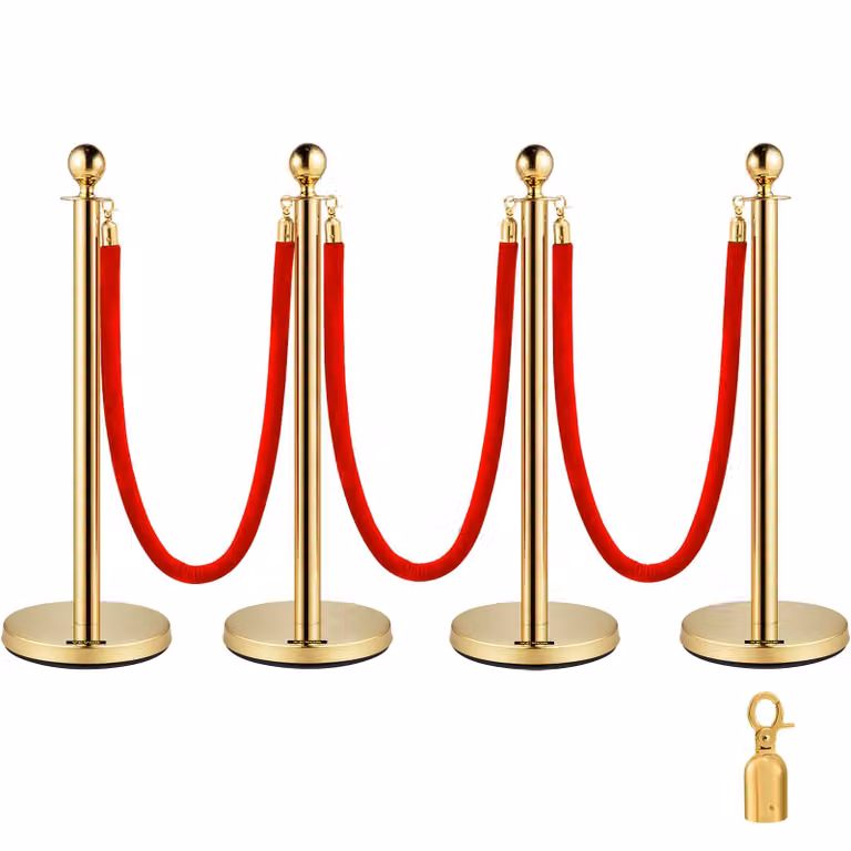 SucceBuy Sistema di delineazione oro Delstahl barriera palo corda di demarcazione con 3 corde di velluto rosso da 1,5 m 4 pack colonna d'oro