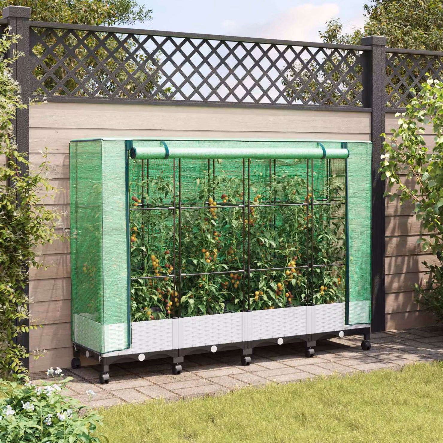 Set di 4 vasi da giardino con copertura per serra e ruote vidaXL, colore bianco, in plastica