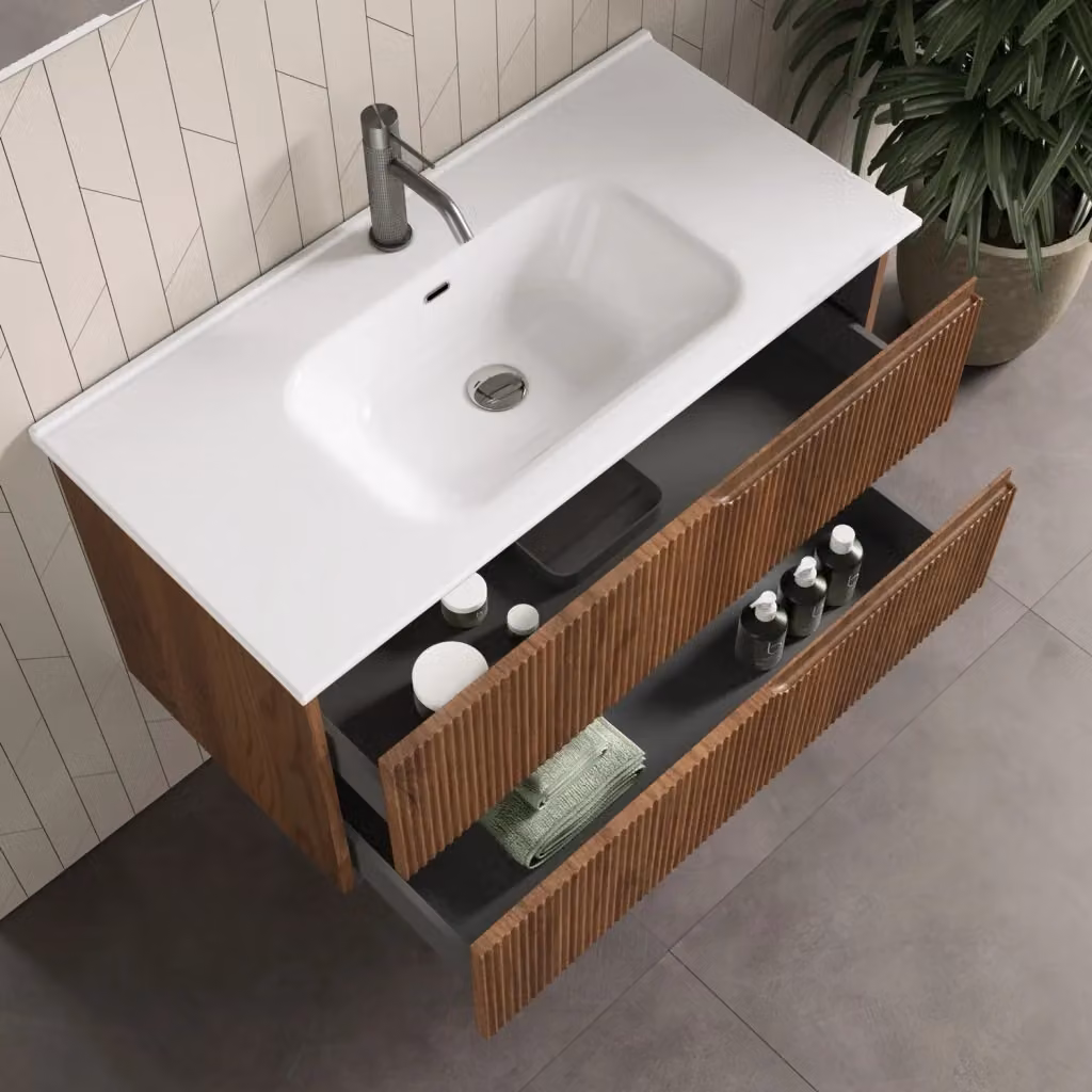 Composizione mobile bagno Venere di AQA DESIGN in 4 pezzi, colore rovere rio, con illuminazione LED e ante soft-close, L: 121 cm, P: 46,5 cm, H: 190 cm – 2