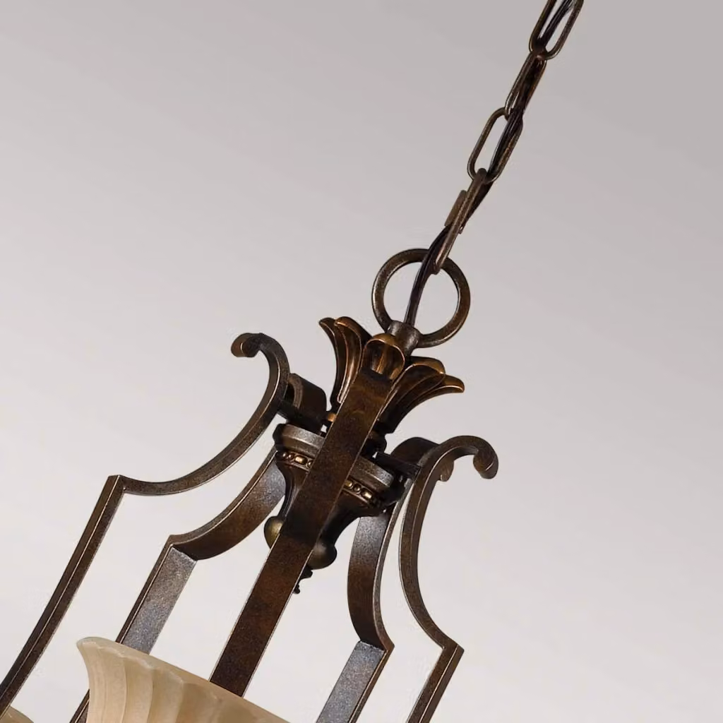 Lampadario Kelham Hall Feiss in metallo e vetro, colore oro fiorentino e bronzo, con 5 lampadine E27, regolabile in altezza e dimmabile – 2