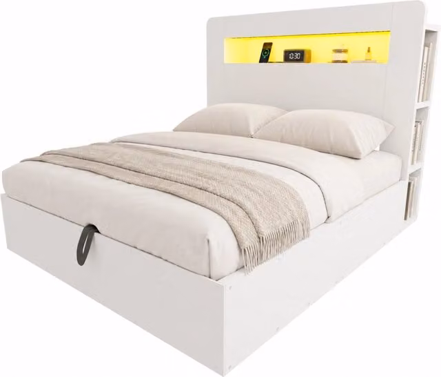 Letto matrimoniale 140x200 cm con contenitore idraulico; LED e prese; bianco