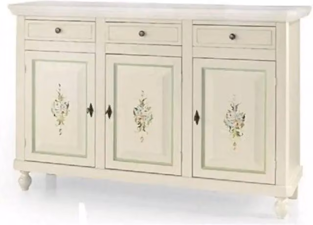 Credenza 3 ante 3 cassetti arte povera in legno massello e mdf con rifinitura in bianco filo verde con decori 158x47x103 H