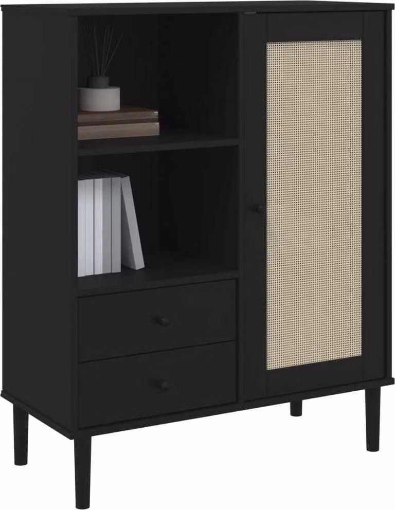Credenza SENJA Aspetto Rattan Nero 90x40x112 cm Massello Pino