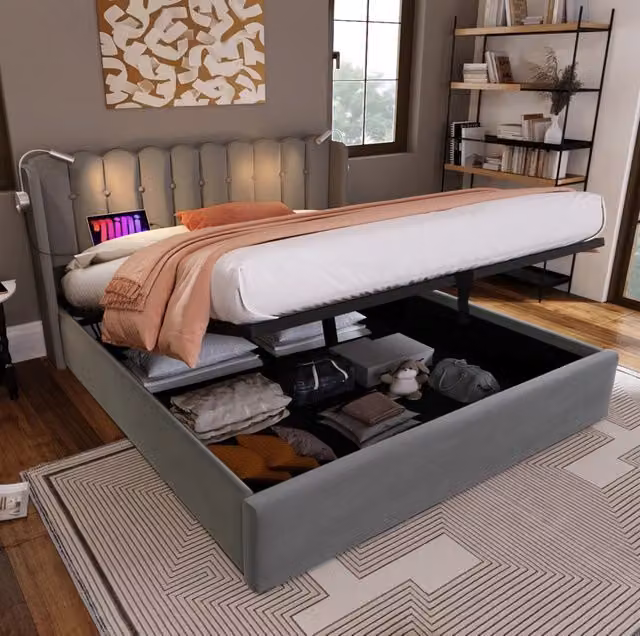 Letto contenitore 160x200 cm grigio in velluto, luce USB, senza materasso